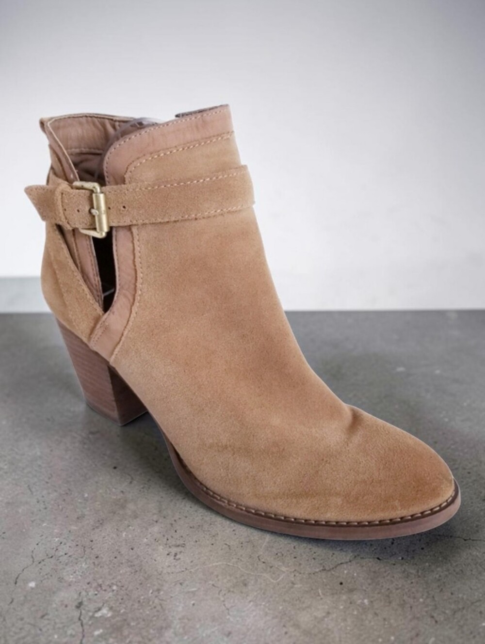 Sam Edelman Booties 8.5 Maurine Suede Cutout Buckle Block Heel Camel Tan Leather